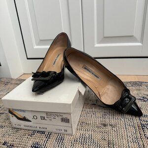 Manolo Blahnik Black Patent Leather Kitten Heel Pump with Bow - Size 38